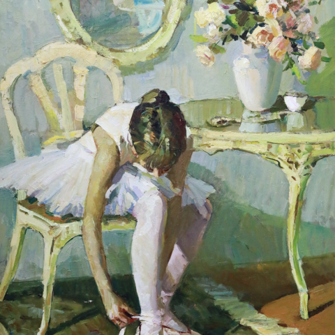Ballerina Fixing the Pointe Shoes